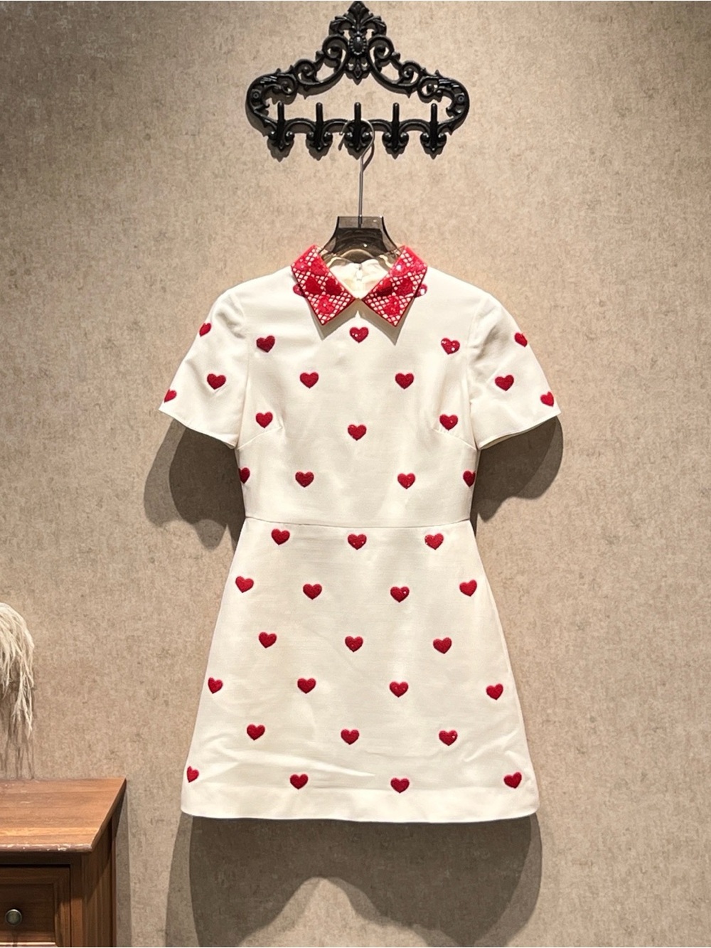 Valentino White Mini Dress with Red Heart Motifs and Embellished Red Collar